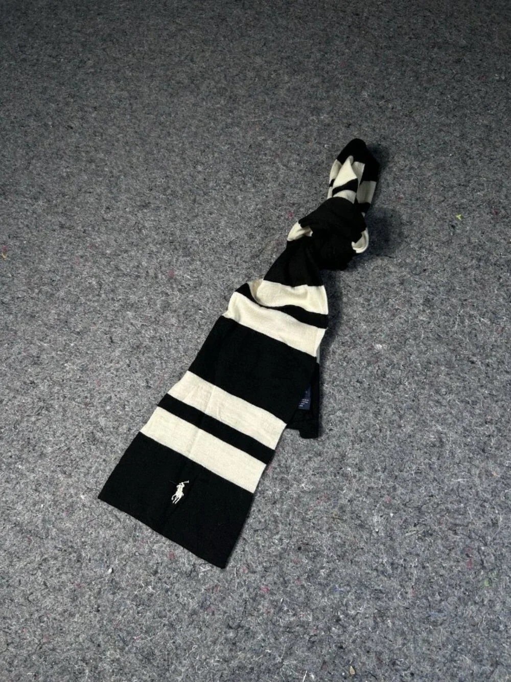 Polo Ralph Lauren 100% Merino Wool Striped Scarf Black Cream Embroidered Pony